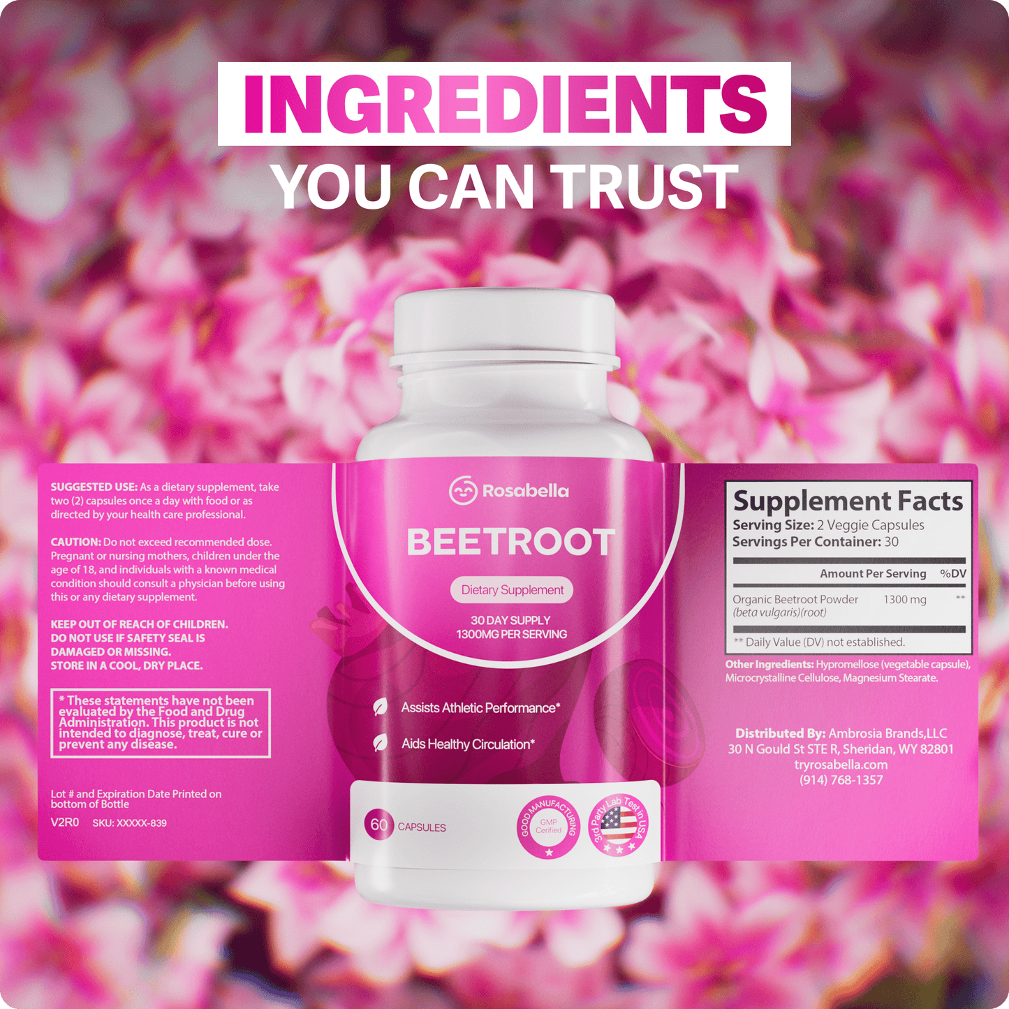 Rosabella Organic Beet Root Capsules - 1300mg Beet Root Powder Aids Healthy Circulation & Vitality, Non-GMO, Beet Root Supplement - 60 Capsules, 30-Day Supply